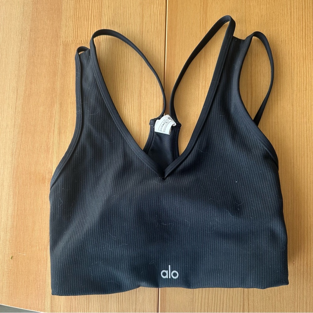 ALO Yoga Black Ribbed Strappy Sports Bra